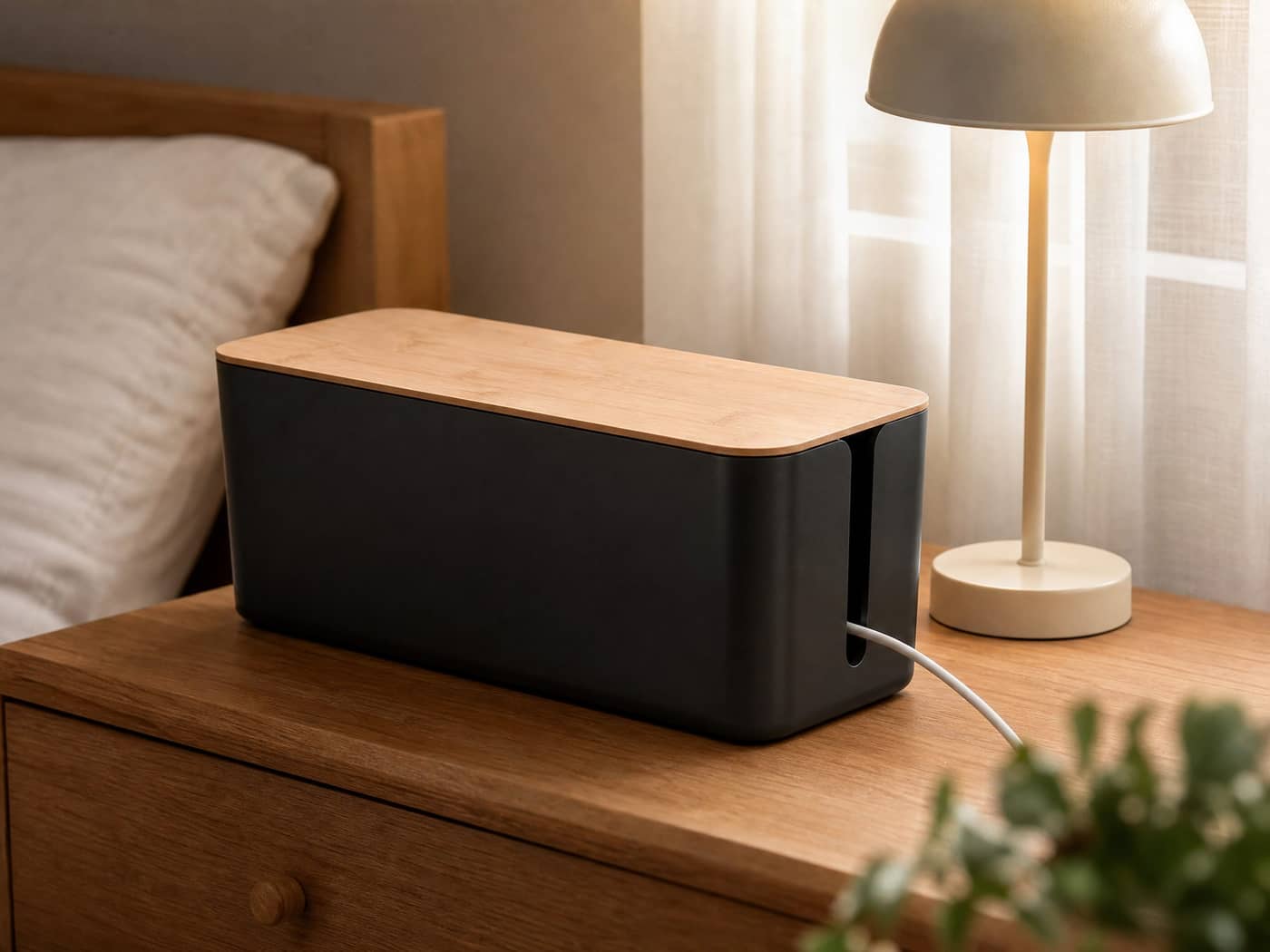 Black cable management box on bedside table thumbnail