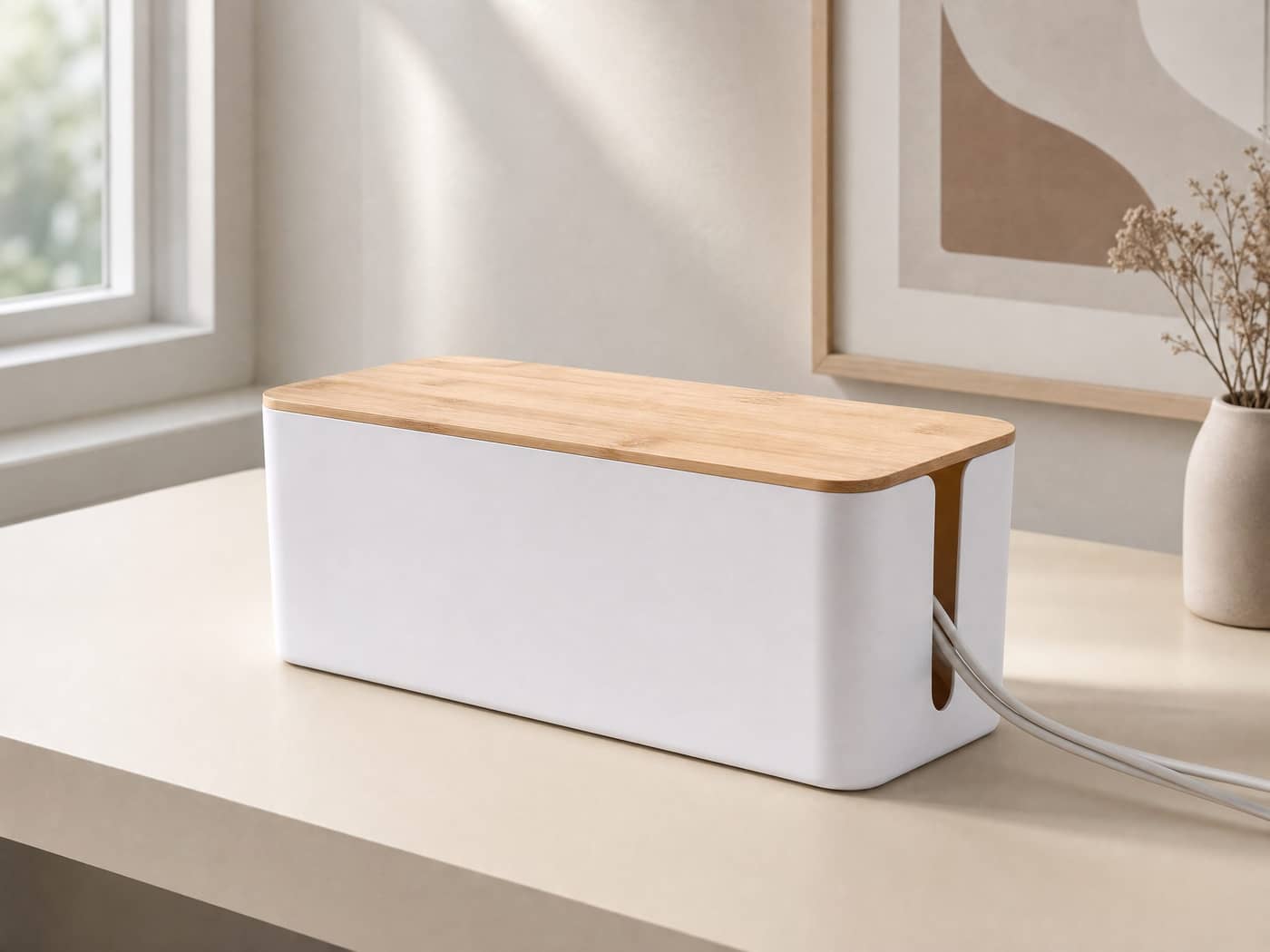 White cable management box on a bright shelf with cables routed through the side