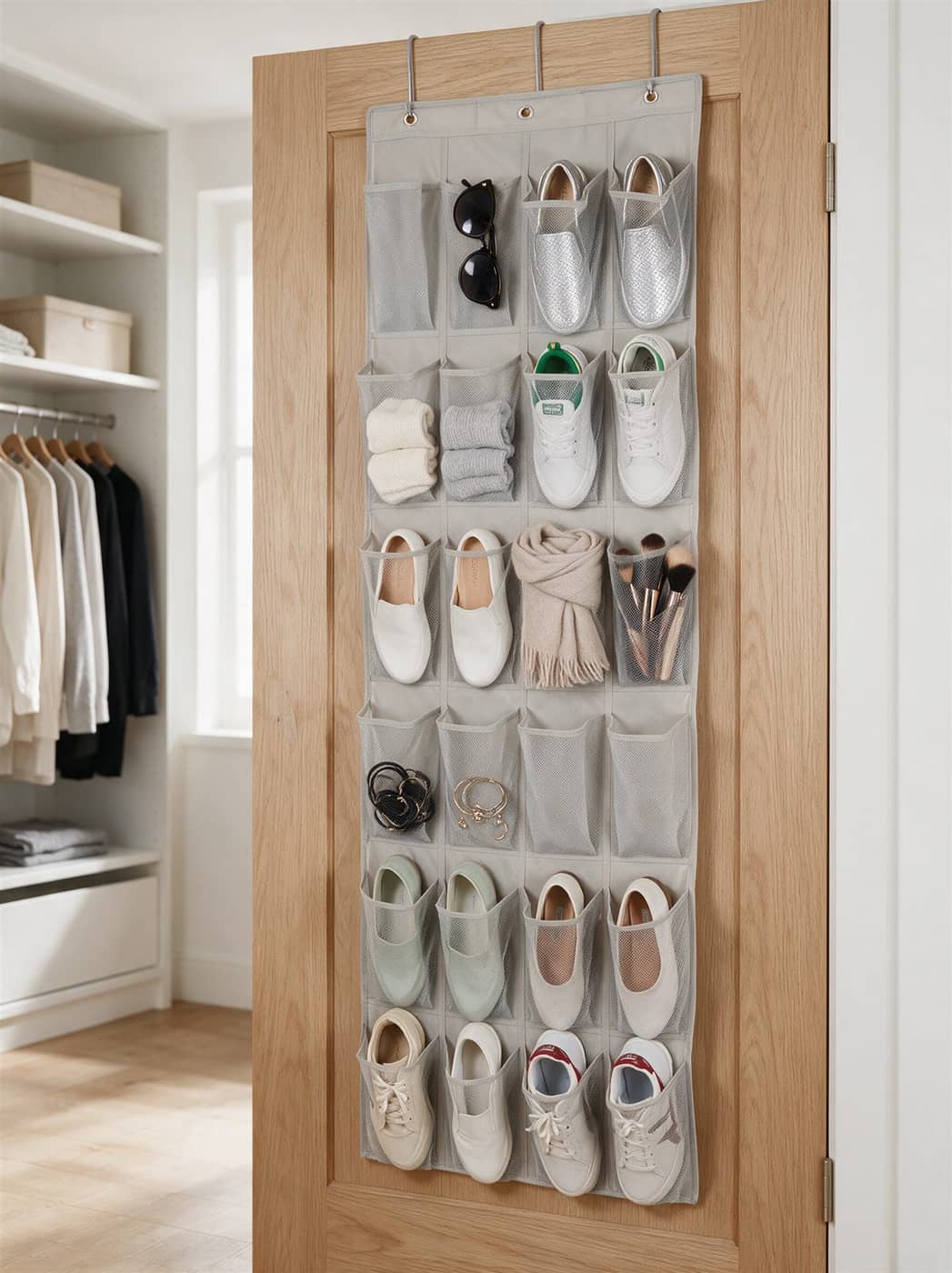 Door shoe organizer near a closet
