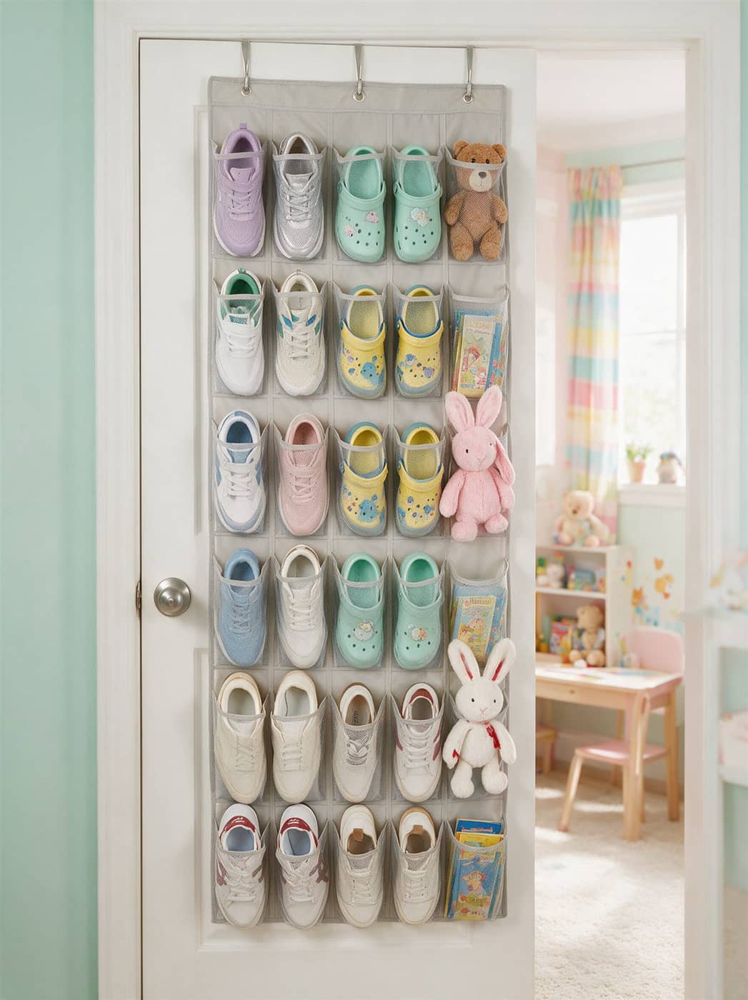 Over-door shoe organizer in a kids room