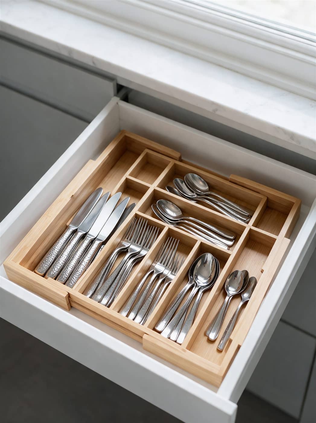 Bamboo flatware organizer with utensils