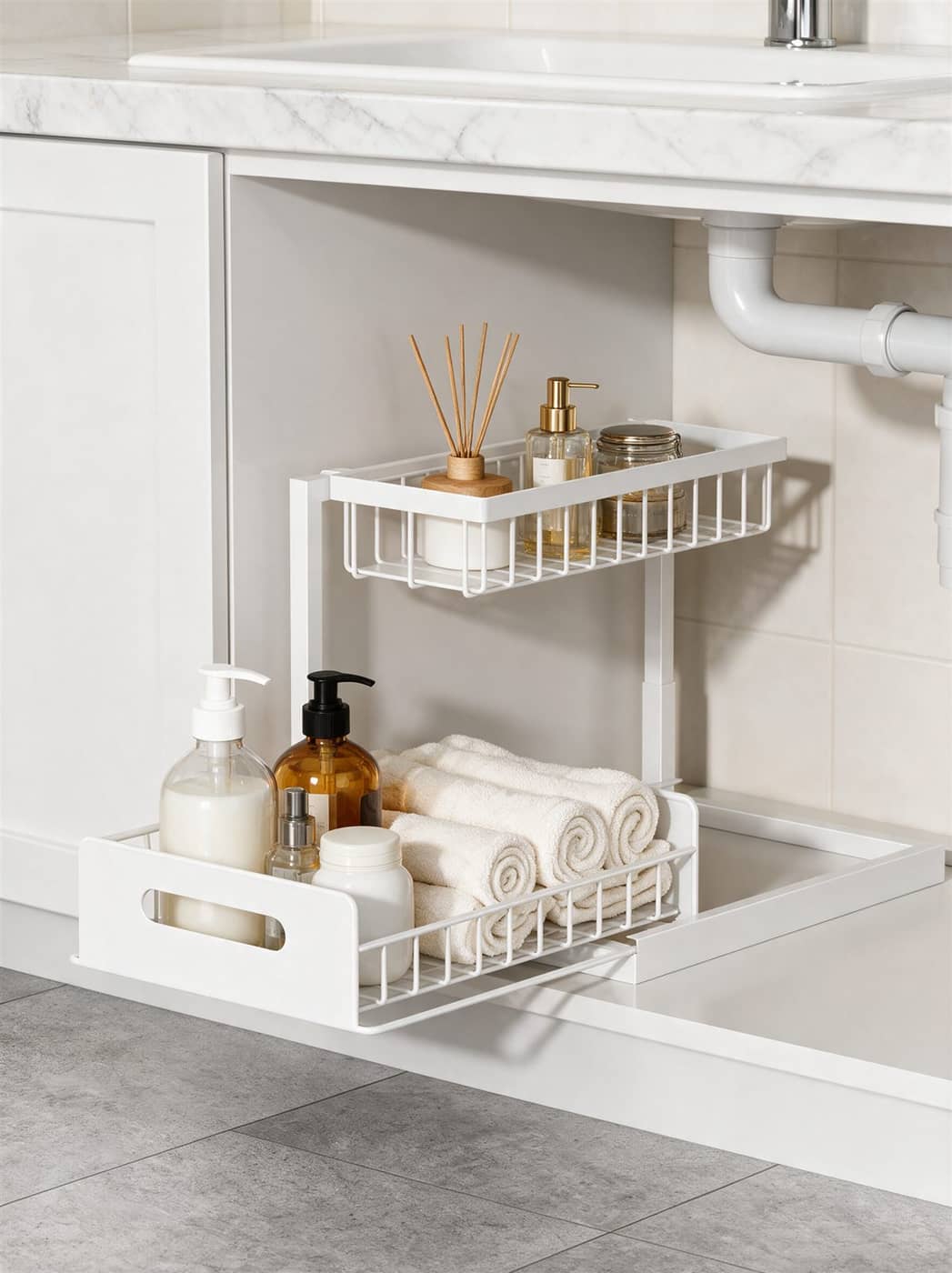 Under sink organizer in a bathroom vanity