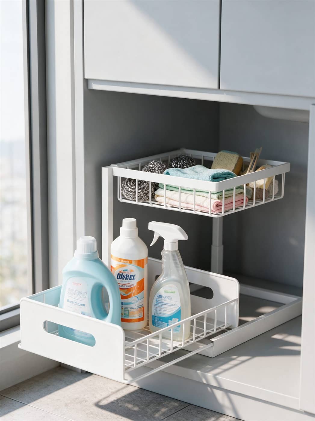 REALINN under sink organizer with cleaning bottles