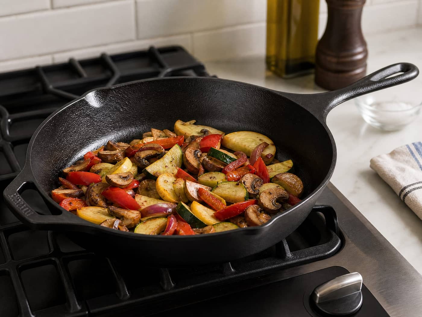 Lodge skillet cooking vegetables on a gas range