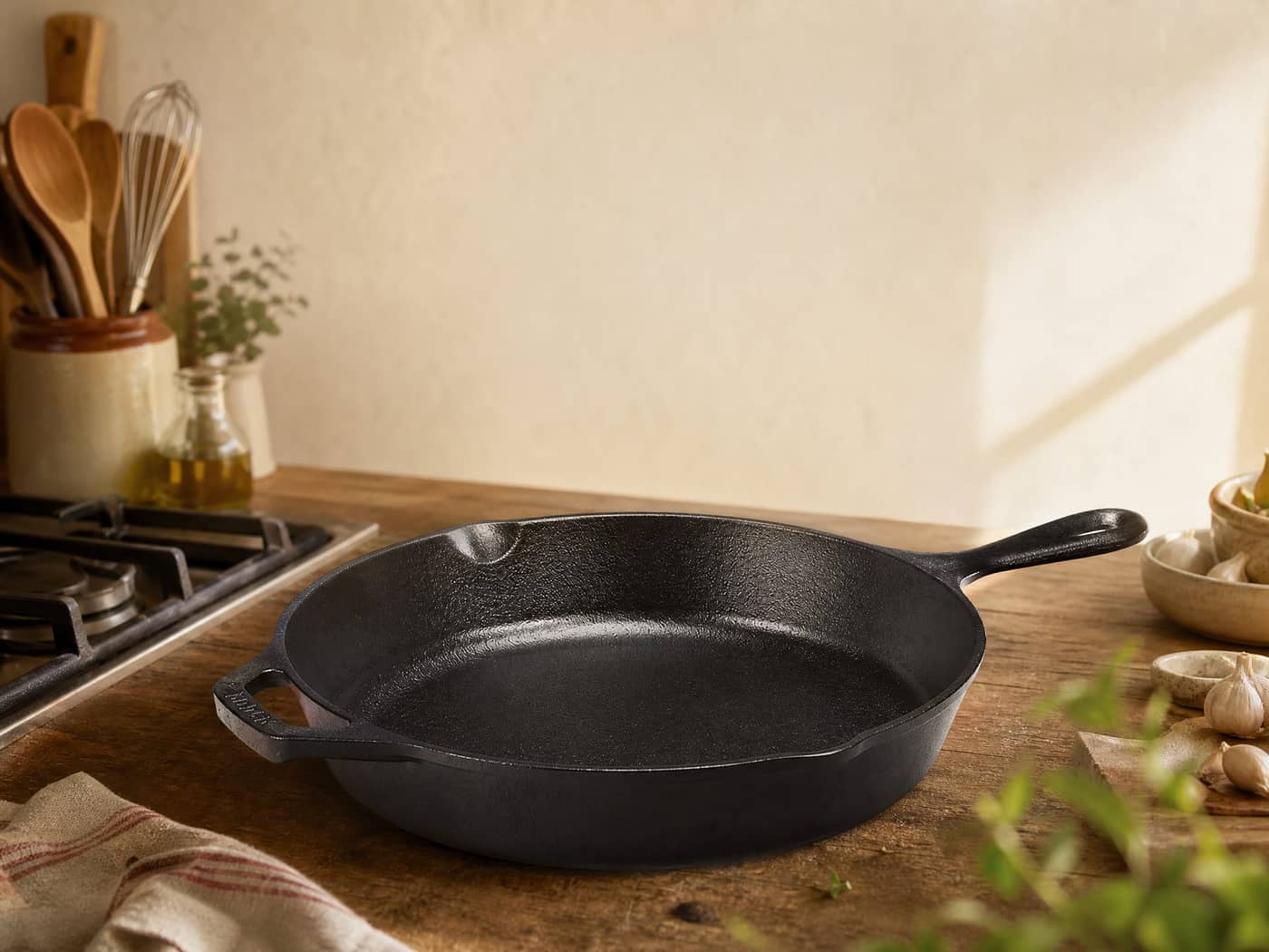 Lodge cast iron skillet on a kitchen counter