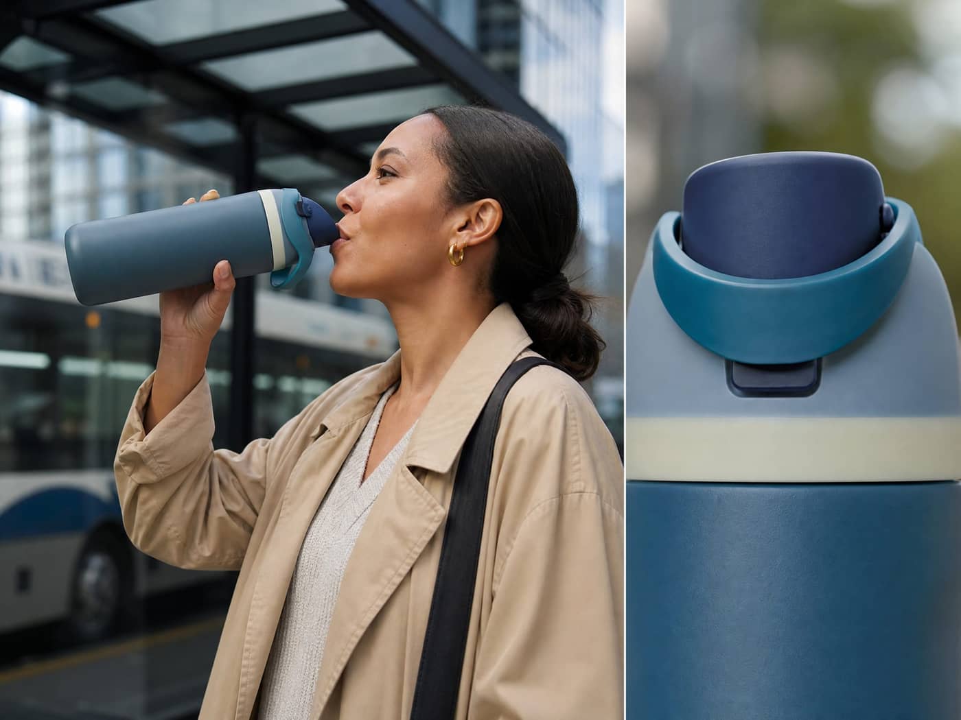 Commuter using the Owala FreeSip bottle