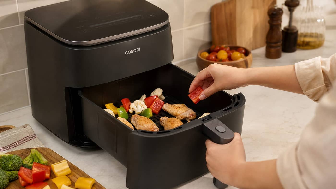 COSORI TurboBlaze with an open basket during meal prep