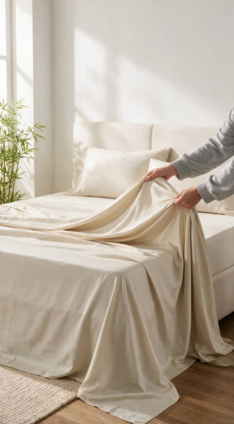 Person lifting light beige bedding on a bed