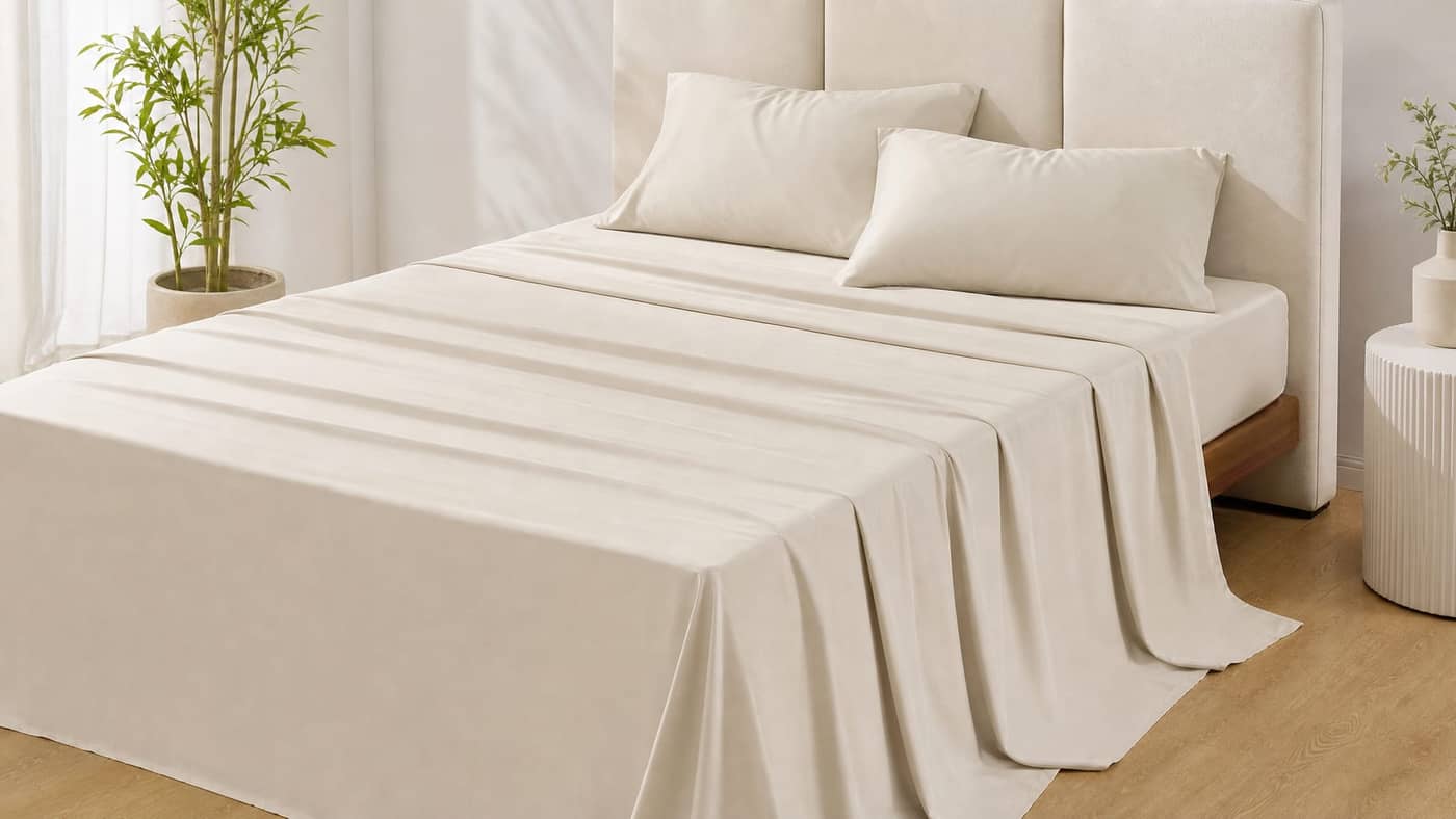 Light beige sheet set draped neatly across a bed
