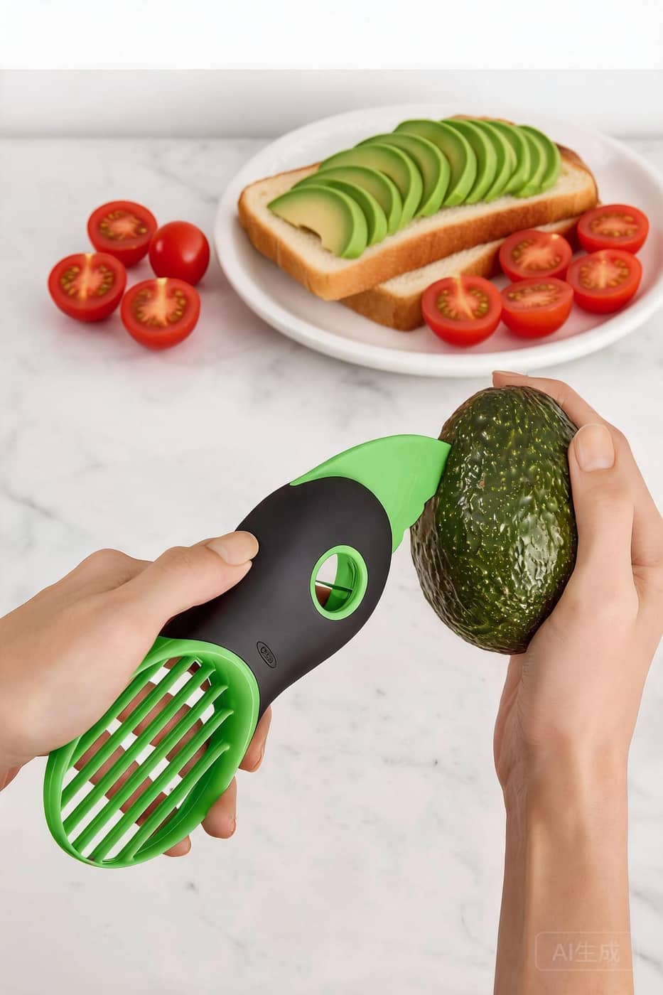OXO avocado slicer on a cutting board with avocado halves