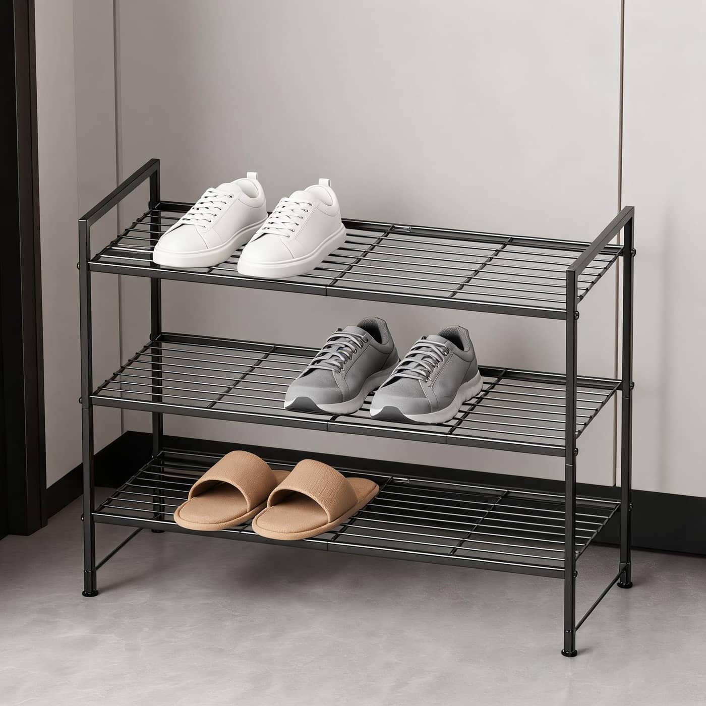 Black shoe rack in a closet with sneakers and sandals