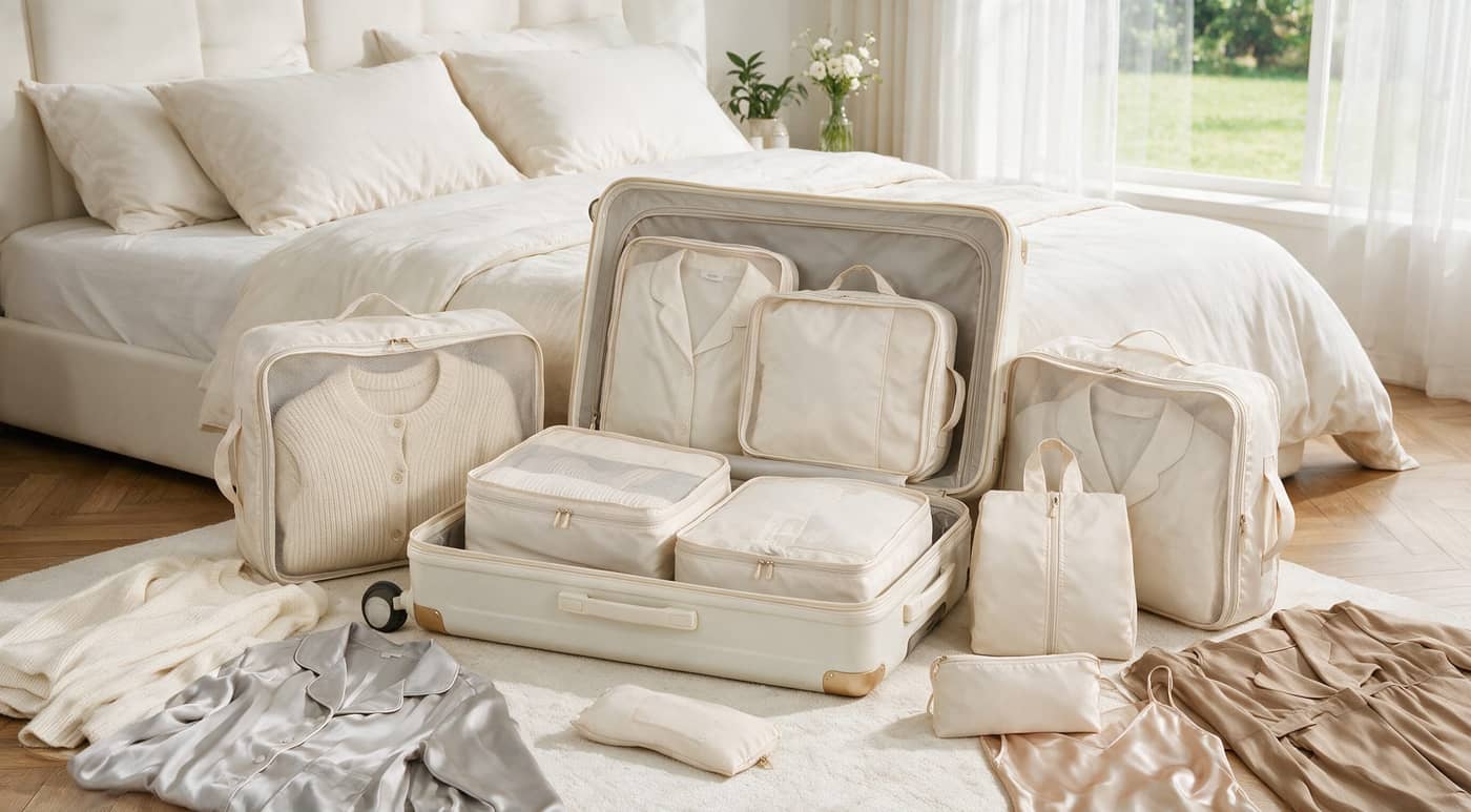 BAGAIL packing cubes arranged in and around a suitcase