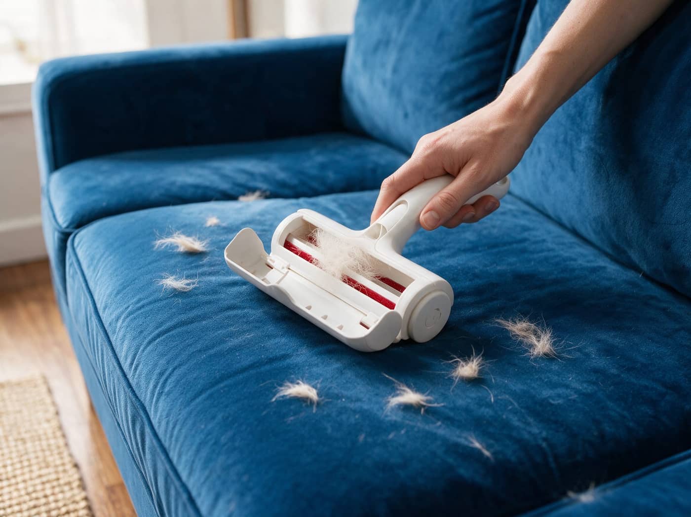 Hand using a ChomChom roller on a blue sofa