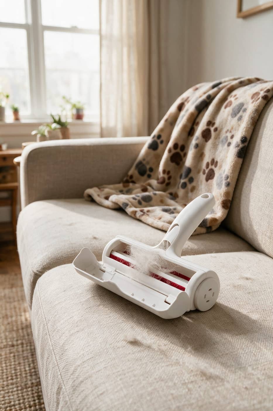 ChomChom roller on a sofa with visible pet hair