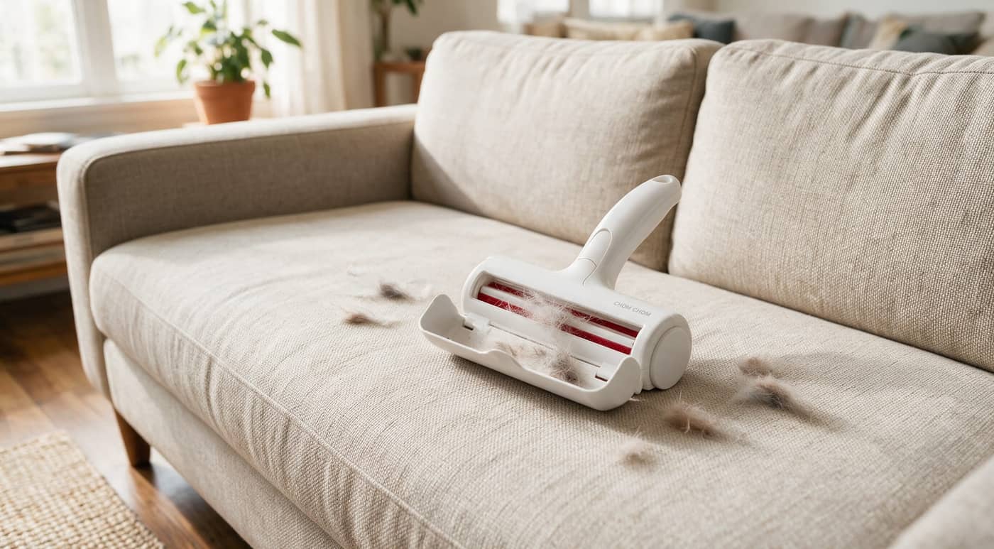 ChomChom roller on a sofa with collected pet hair