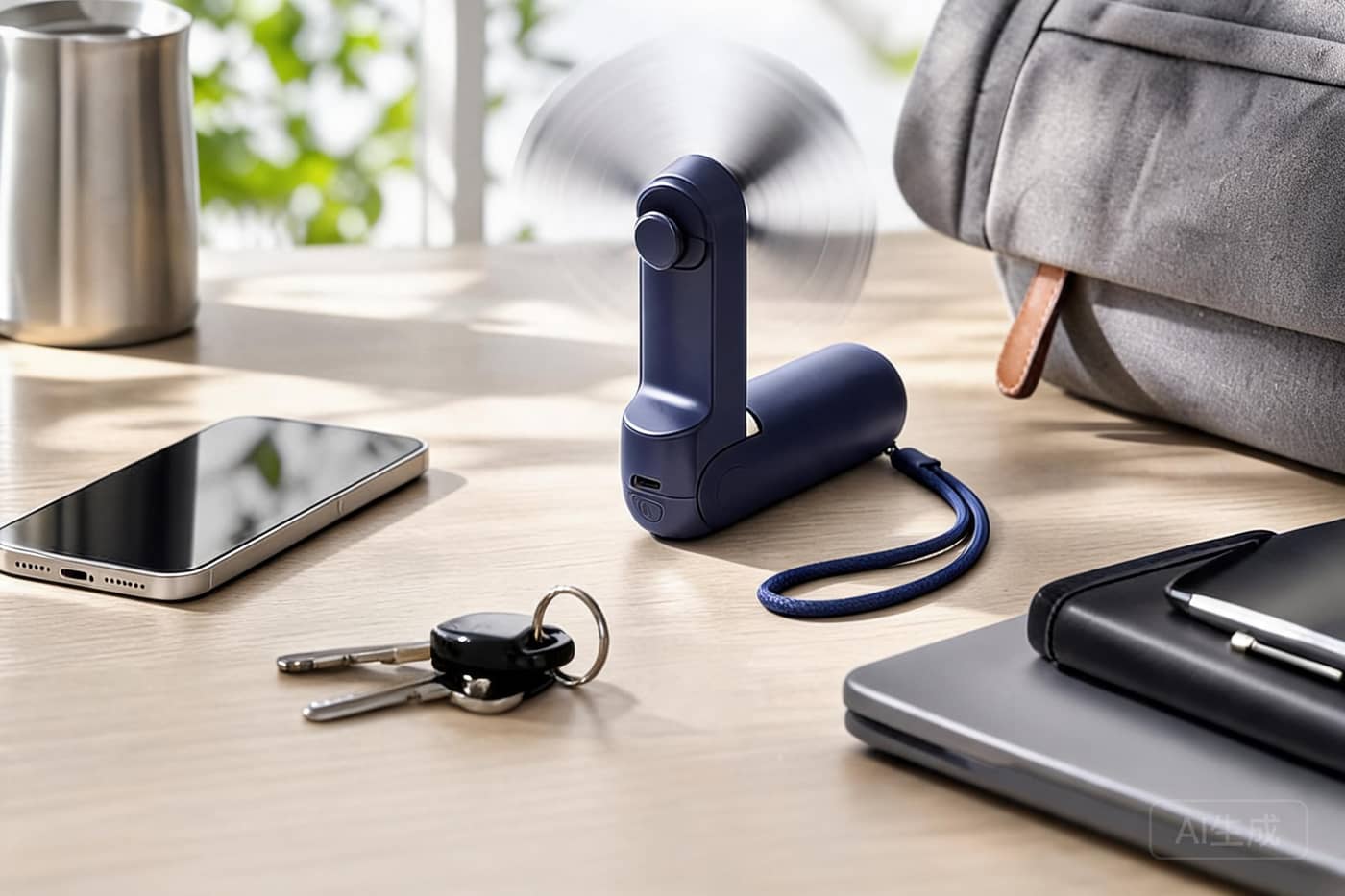 JISULIFE handheld fan on a desk with daily carry items