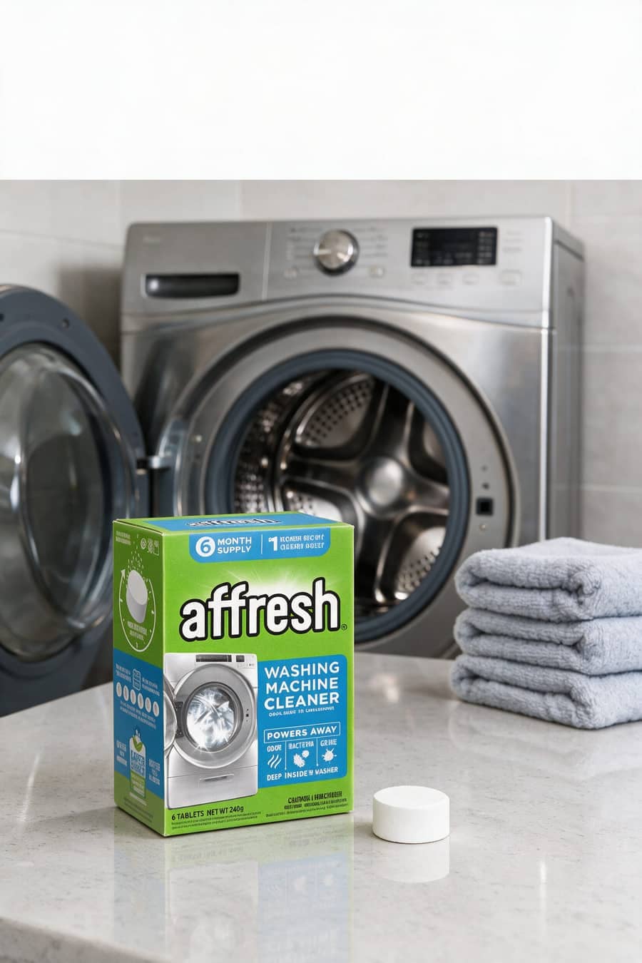 Affresh washing machine cleaner in a laundry room with washer door open