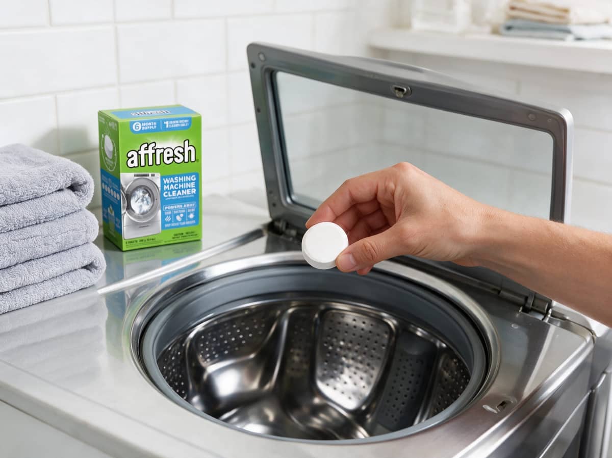 Hand holding an Affresh tablet above an empty washer drum