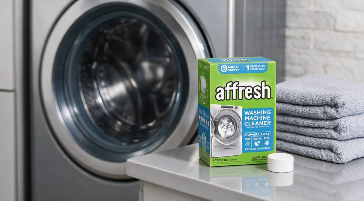 Affresh washing machine cleaner beside a washer