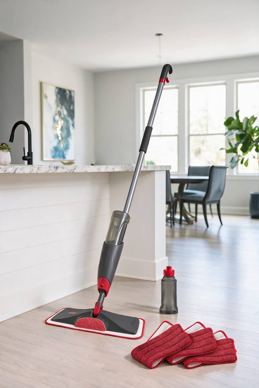 Rubbermaid Reveal spray mop and microfiber pads in a bright room