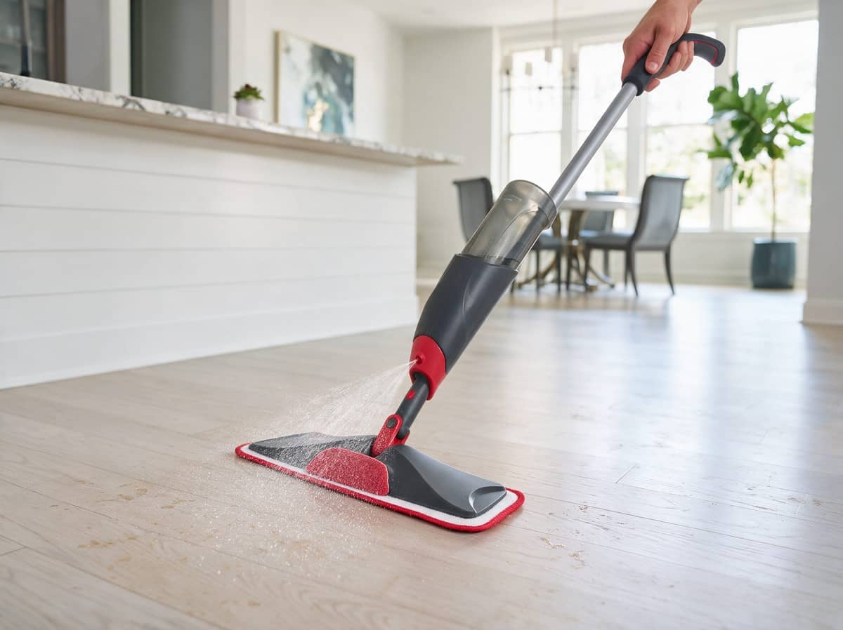 Rubbermaid Reveal spray mop spraying liquid on a hard floor