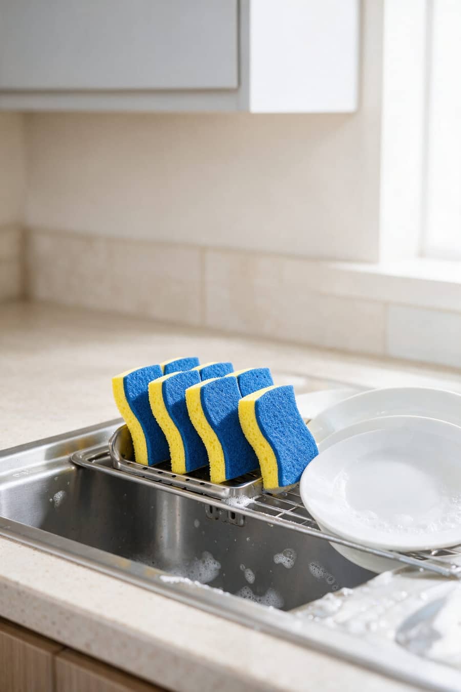Scotch-Brite sponges drying beside a kitchen sink