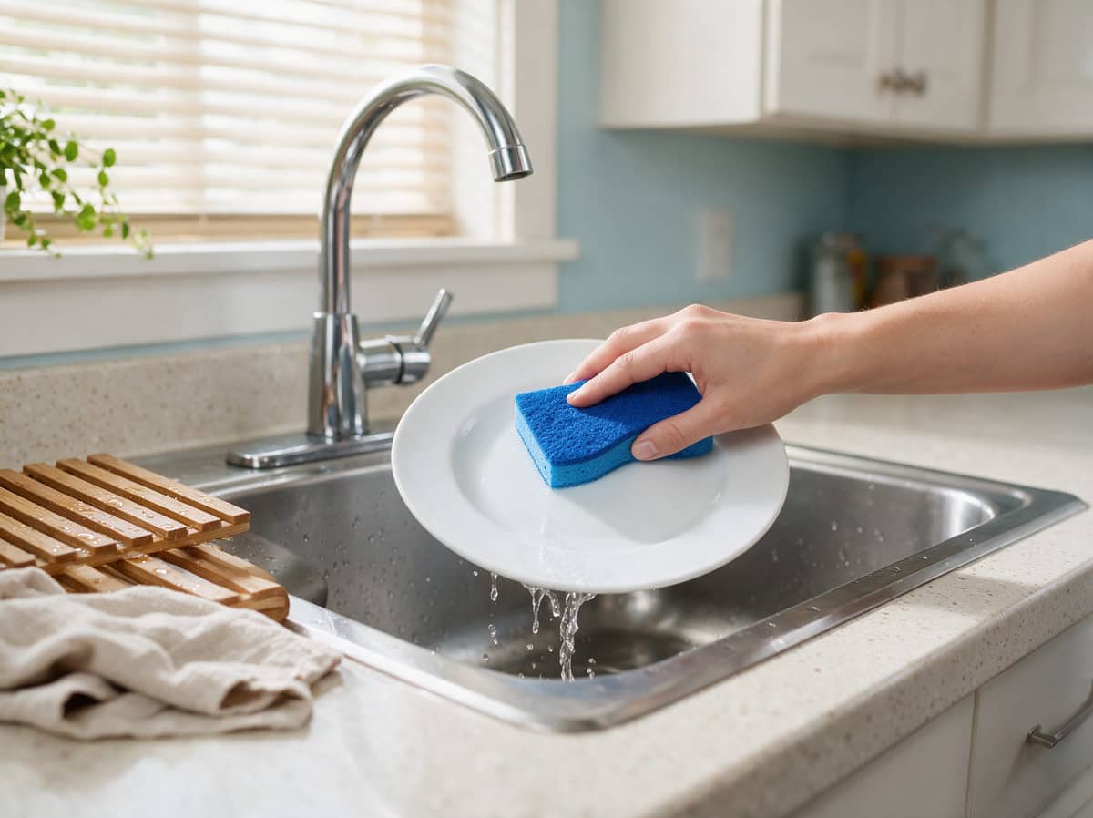 Hand washing a white plate with a blue Scotch-Brite sponge