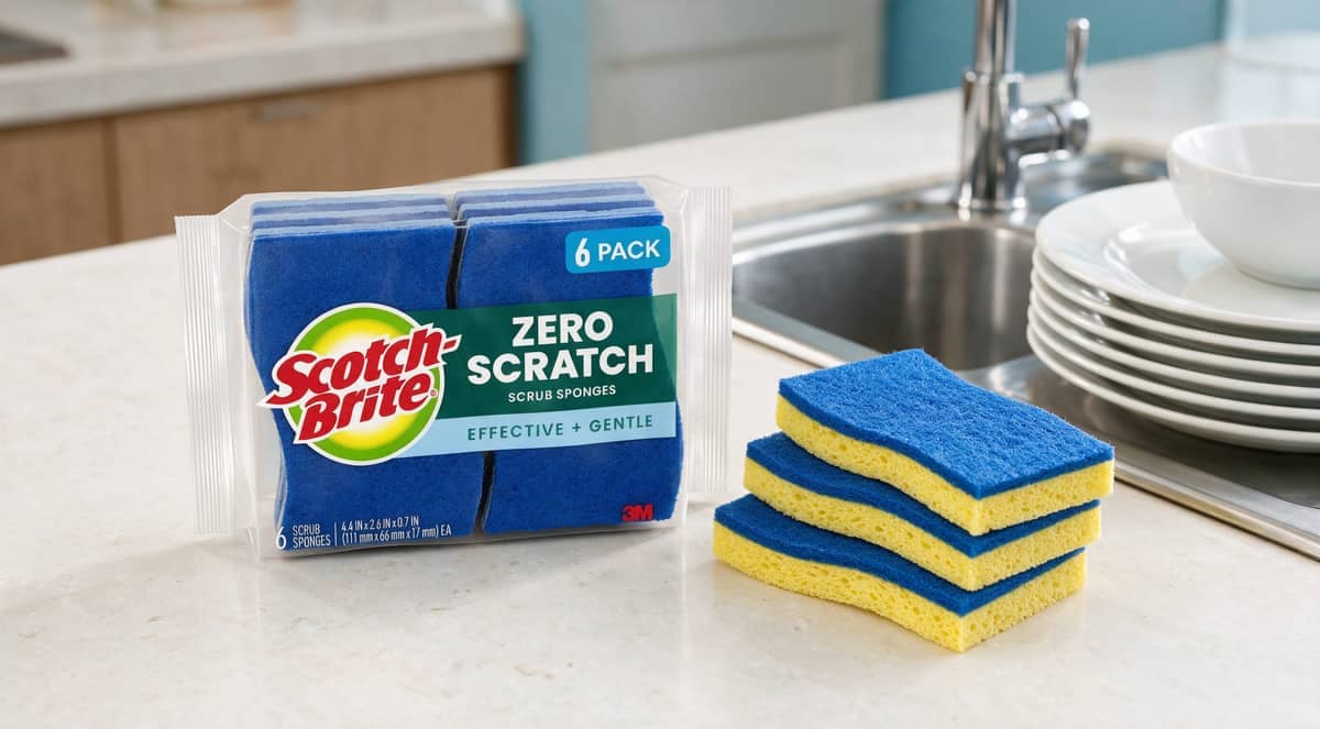 Scotch-Brite Zero Scratch sponge pack beside loose sponges