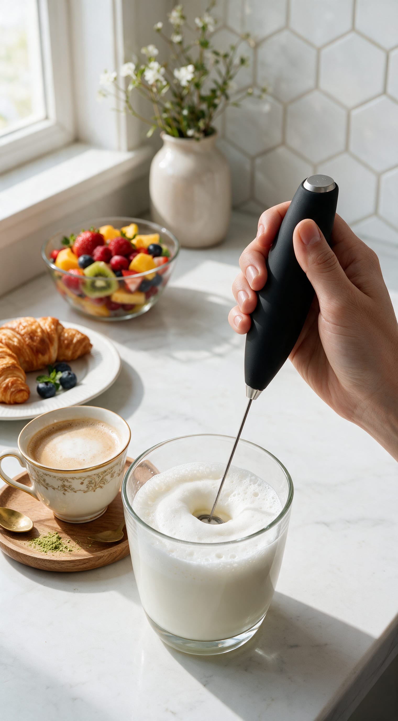 Zulay Kitchen milk frother making foam in a kitchen