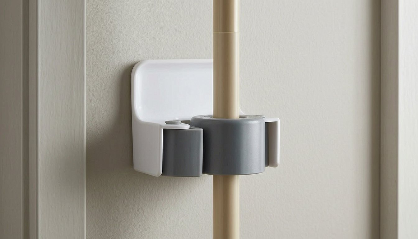 Command broom and mop gripper holding a vertical cleaning tool handle between gray rollers