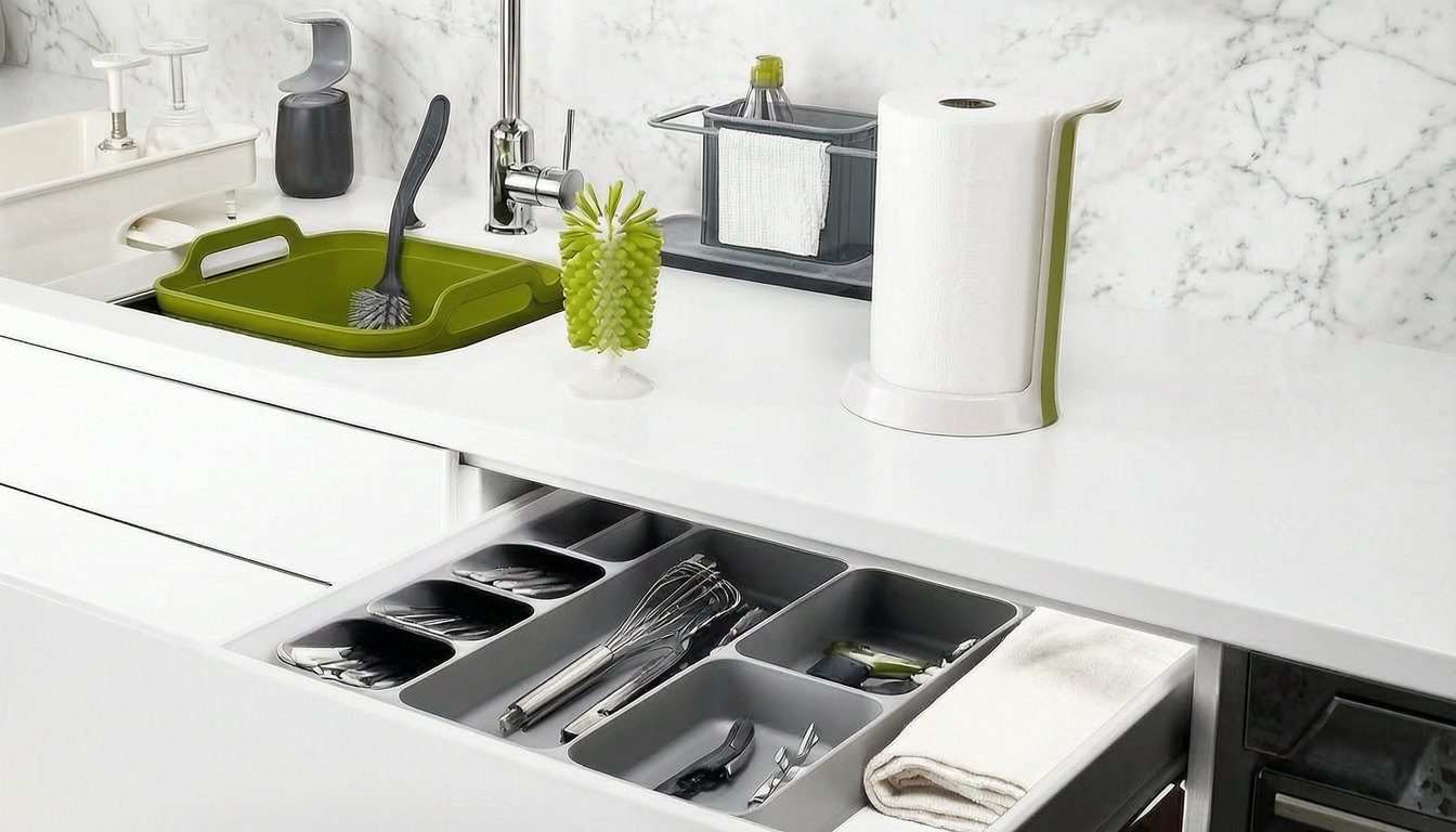 Joseph Joseph compact utensil organizer inside an open drawer