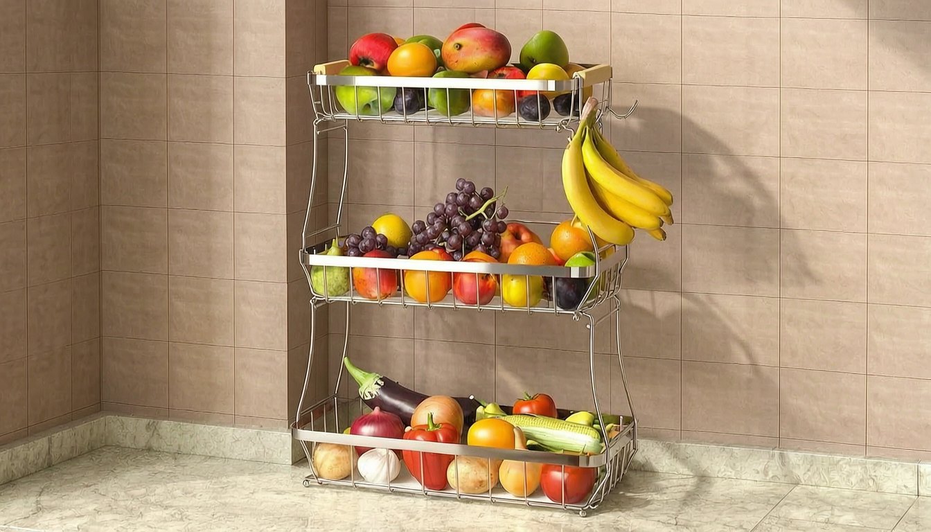 Sevenblue three-tier fruit basket on a kitchen counter