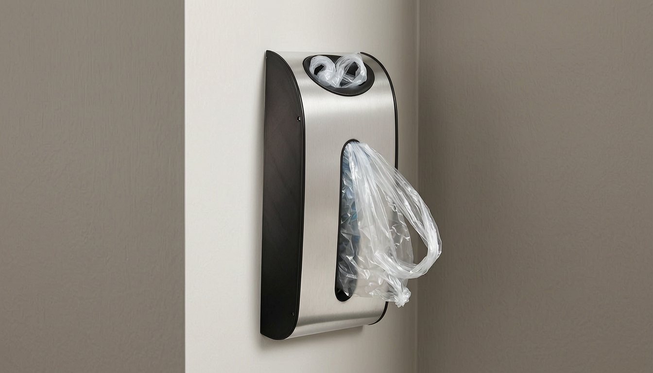 simplehuman wall mount grocery bag dispenser with plastic bags dispensing from the front slot