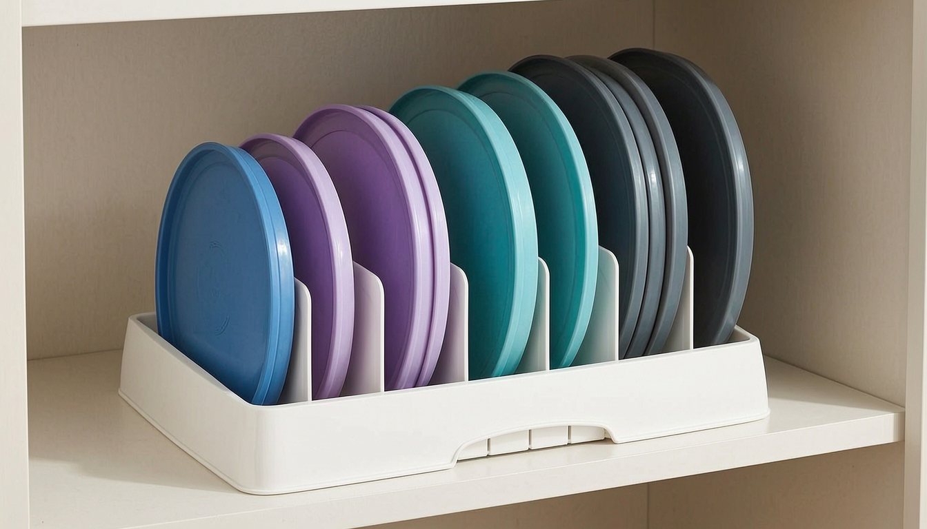 YouCopia StoraLid organizer holding container lids upright inside a kitchen cabinet