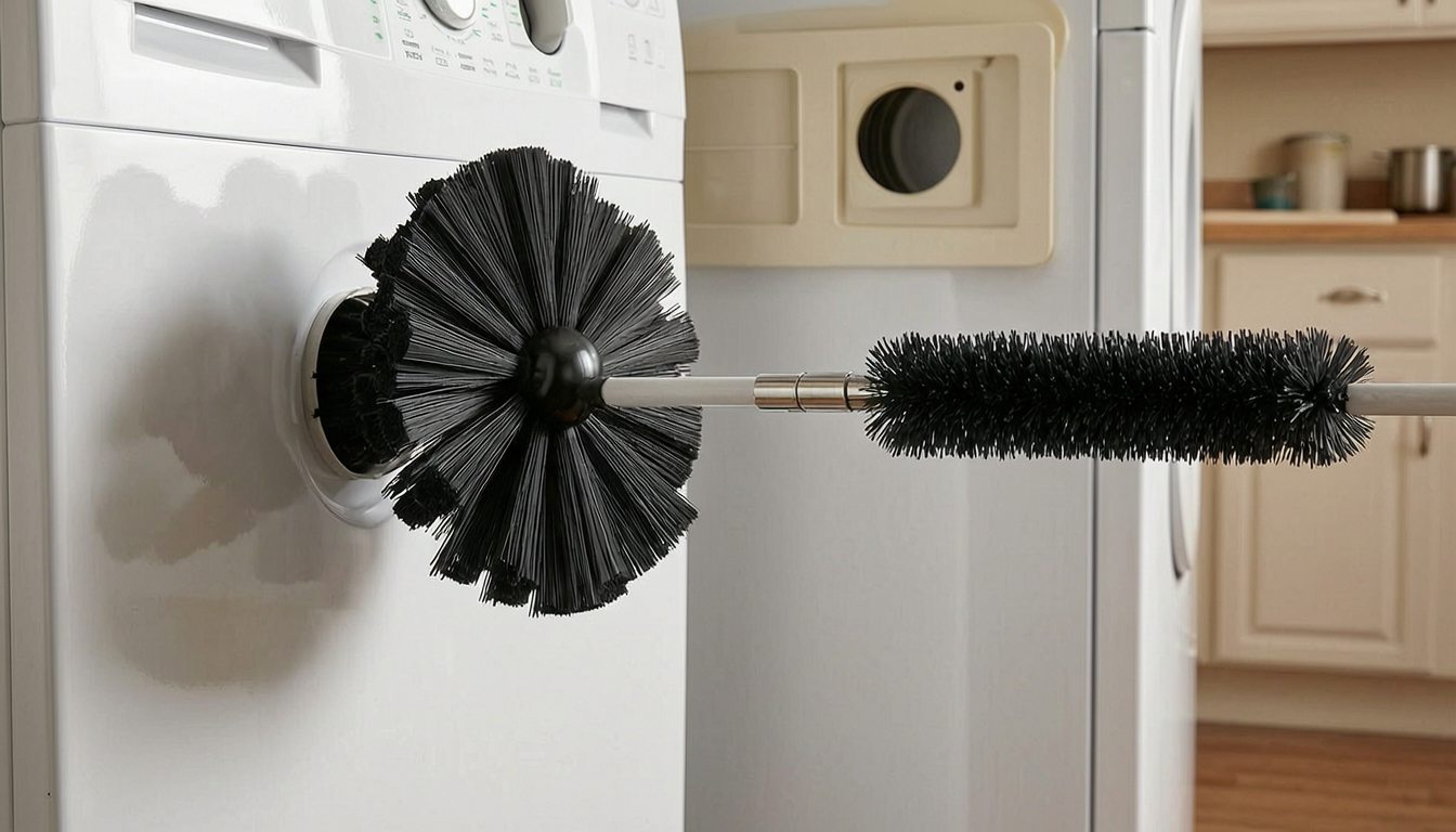 Holikme dryer vent brush cleaning a dryer lint vent opening in a laundry room