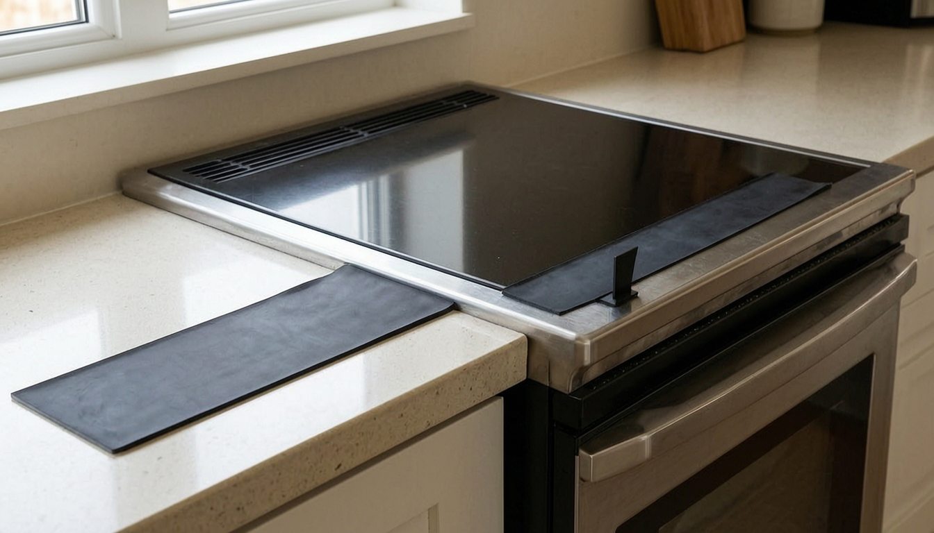 black silicone stove gap cover installed between a stove and countertop