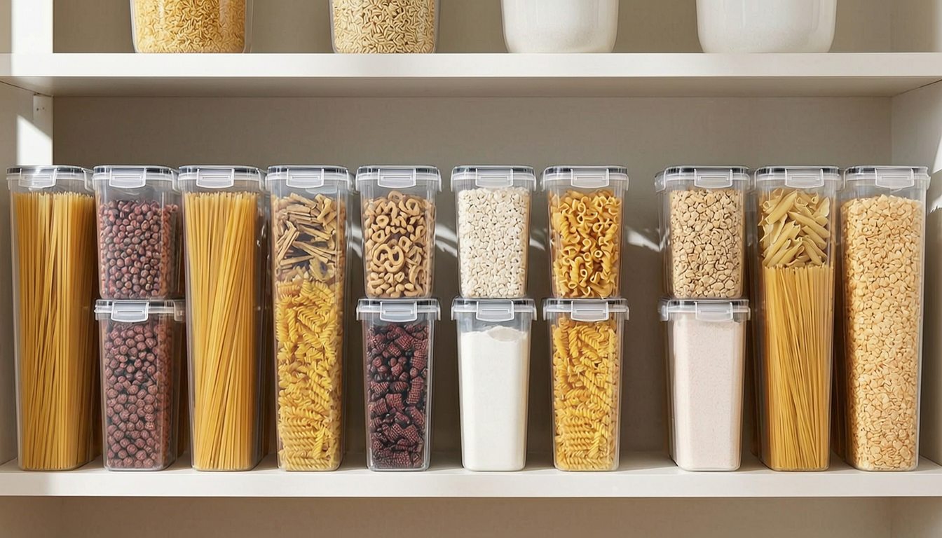 Vtopmart clear airtight pantry containers filled with dry foods on cabinet shelves