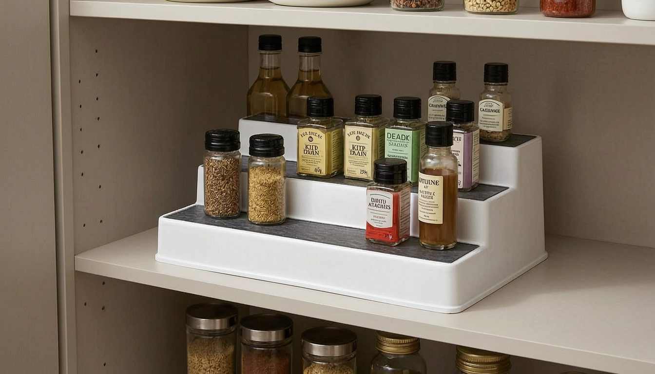 Copco white three tier spice organizer holding spice jars inside a kitchen cabinet