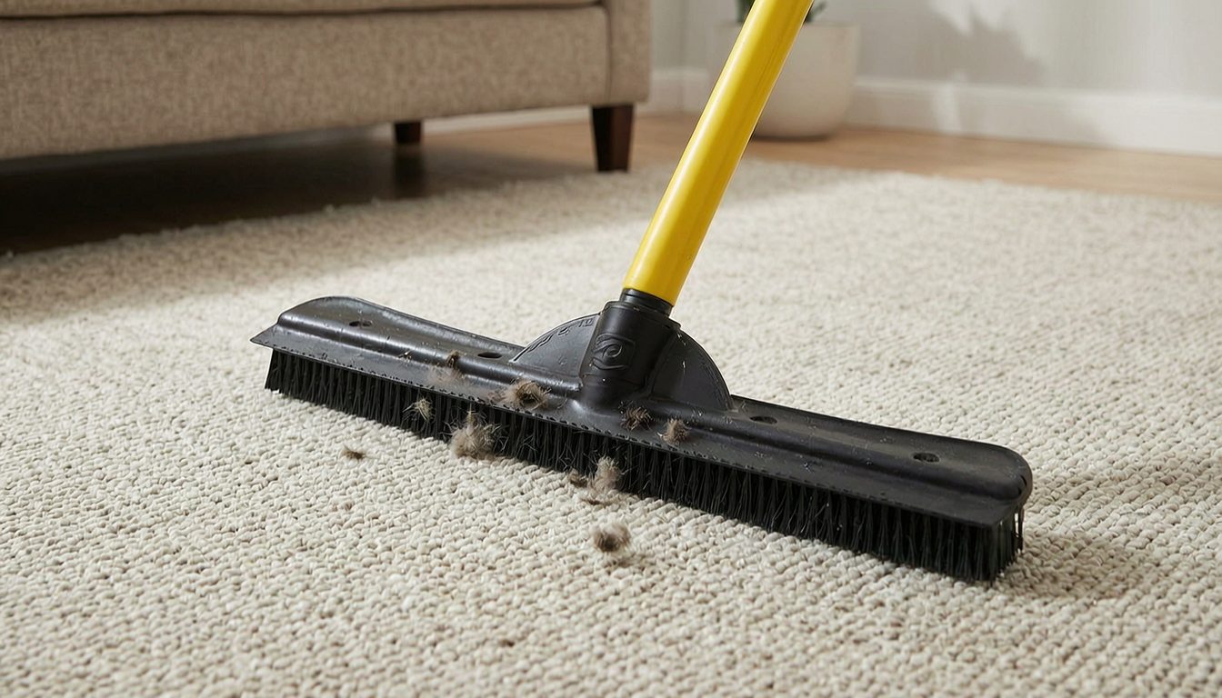 FURemover rubber pet hair broom with yellow handle gathering hair on a living room rug