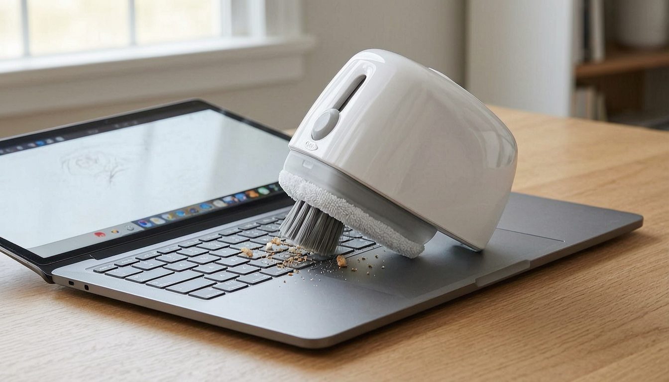 OXO white sweep and swipe laptop cleaner brushing crumbs from a laptop keyboard