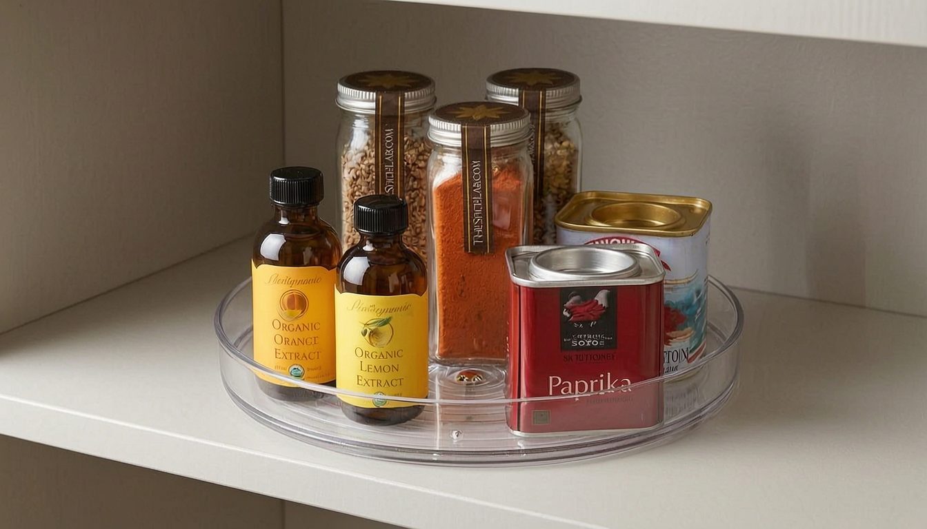 iDesign clear lazy susan organizer holding bottles and jars inside a cabinet
