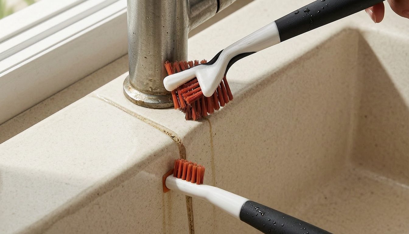 OXO deep clean brush set scrubbing a narrow sink seam near a faucet