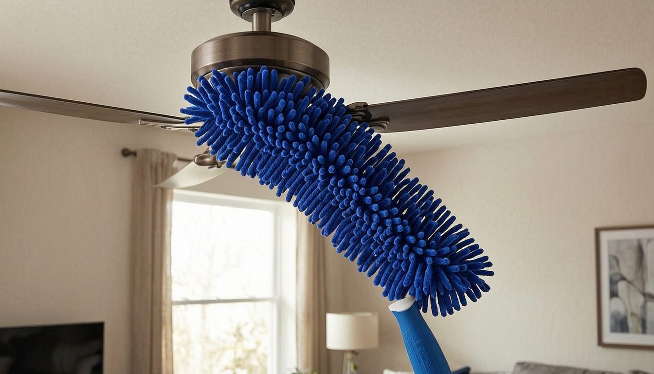 Unger blue microfiber ceiling fan duster cleaning a ceiling fan blade