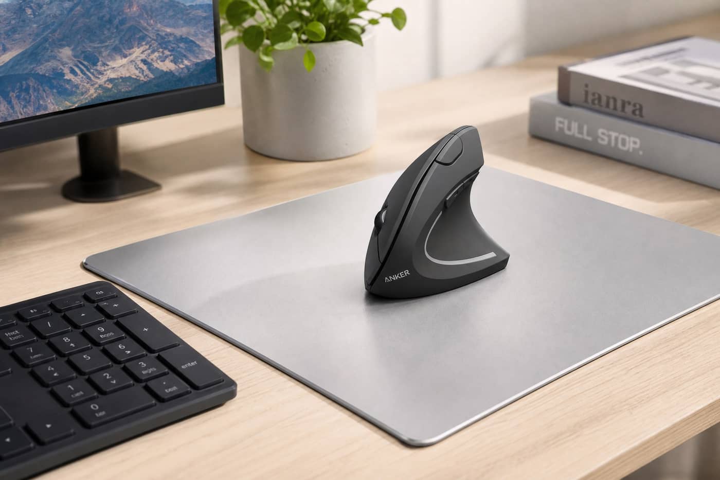 Anker ergonomic vertical mouse on a clean desk setup